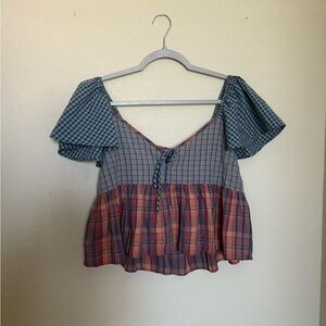 American Eagle Outfitters Blue and Red Plaid Blouse